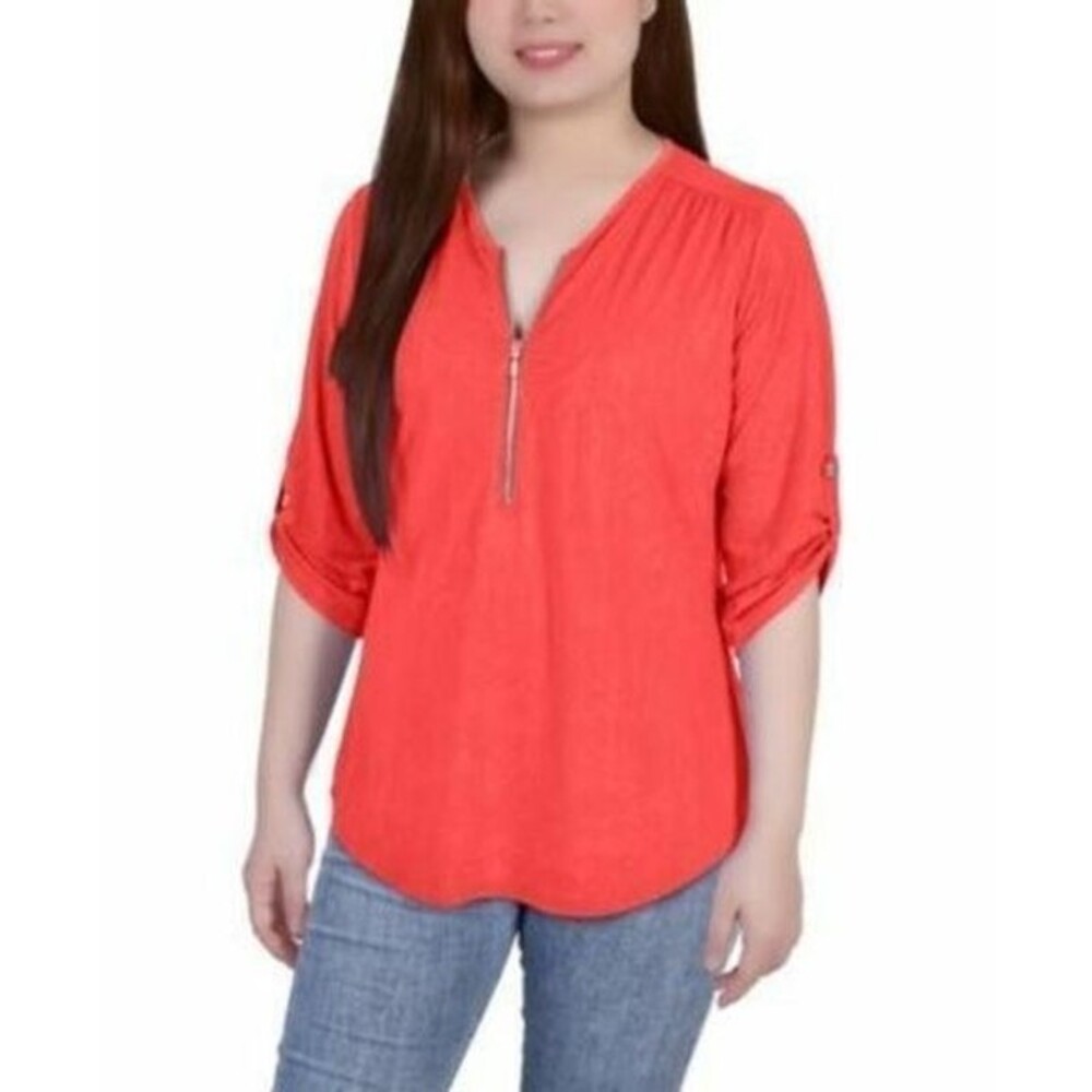 NWOT Size PM Ny Collection Petite 3/4 Roll Tab Zip Front Jacquard Knit Top Shirt